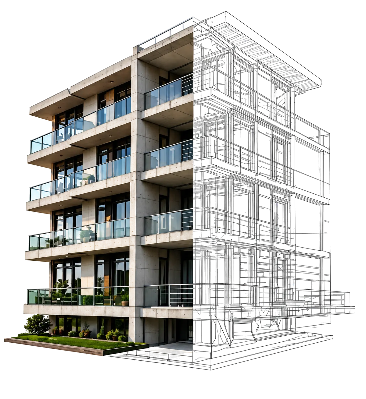 A six-storey apartment building, its left half a photo and its right half a technical drawing