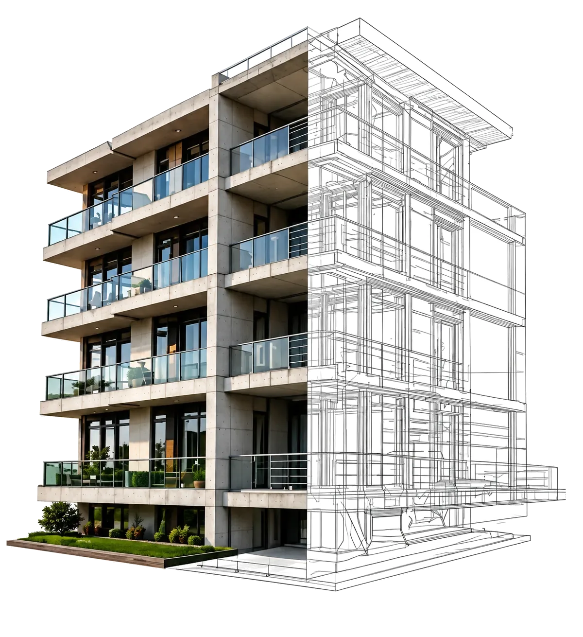 A concrete apartment building, half photo and half technical drawing