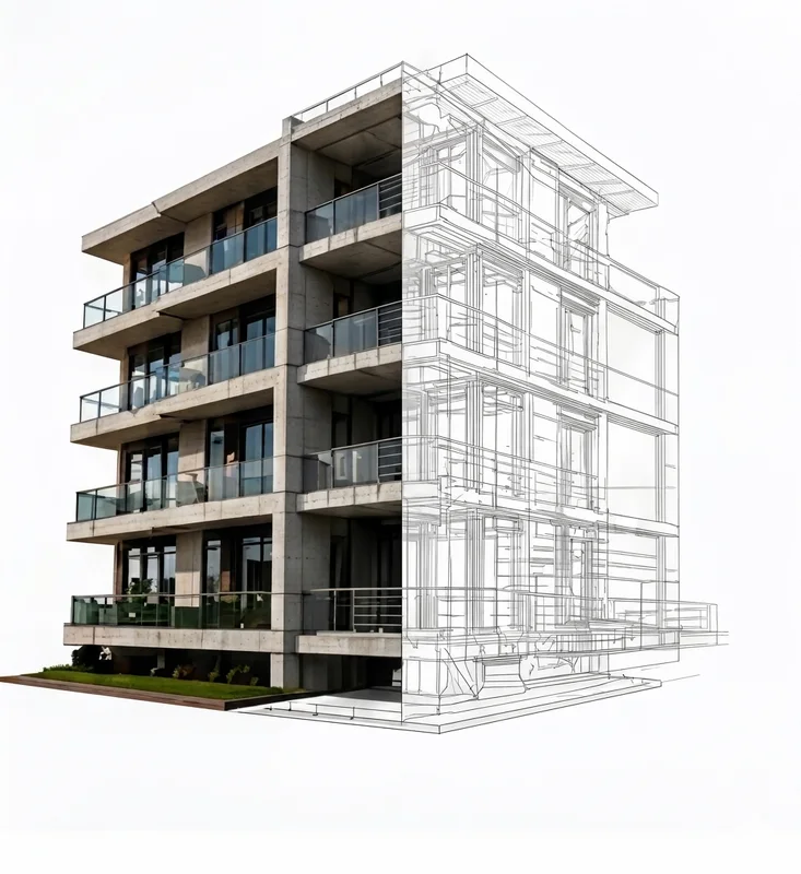 Building rendered half as photo, half as blueprint drawing